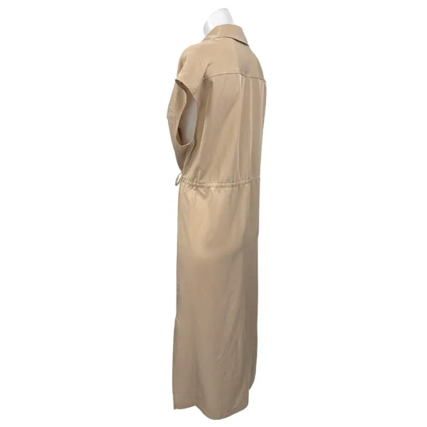 Old Navy Tan Beige Sleeveless Collar Button Down Drawstring Midi Shirt Dress M - Image 3
