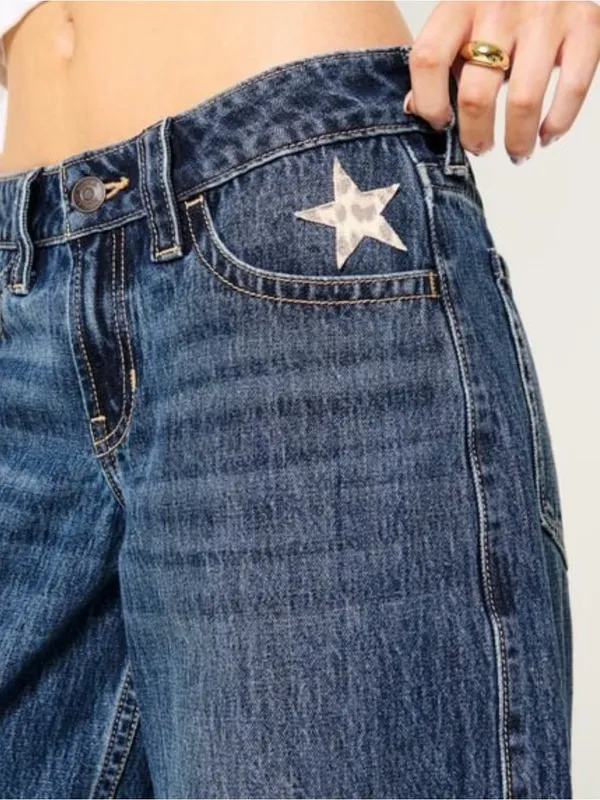Hollister Wide-Leg Blue Denim Jeans with Star Accent - Image 3