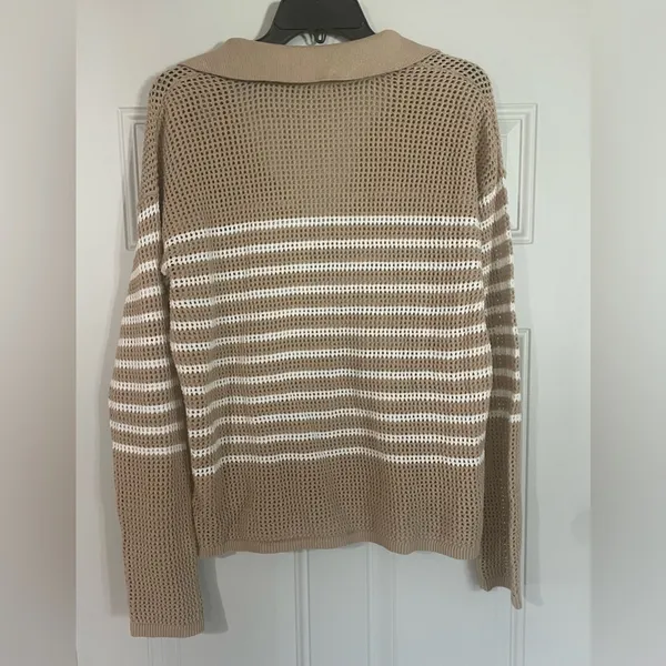 Gap Striped Cotton Crochet Sweater Medium Coastal Beach Preppy Nautical Neutral - Image 6