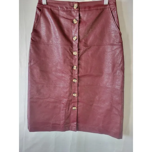 Bohme Faux Leather Skirt Women's Size S Burgundy Button Front Knee Length NWT - Image 2