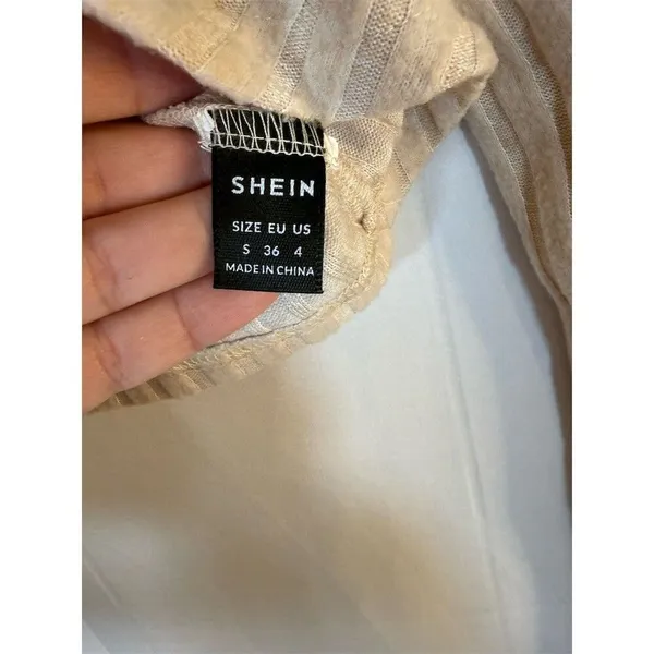 SHEIN Cropped Top Womens Size S Beige Ribbed Knit Square Neck Long Sleeve - Image 3