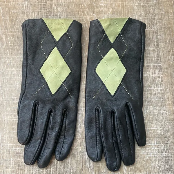 Altare Black Leather Gloves Womens S Argyle Green Contrast Lined Winter Driving - Image 3
