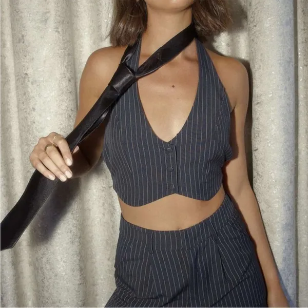 Pepper Mayo Hollywood Boulevard Vest Crop - Pinstripe M - Image 2