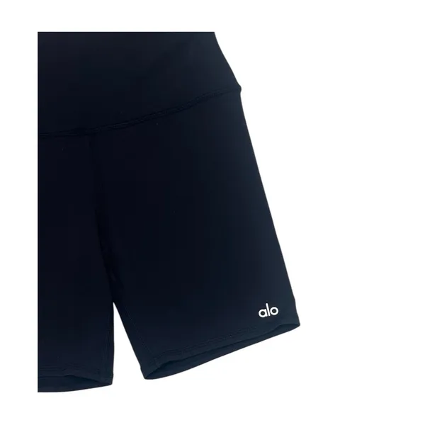 Alo Biker Shorts Womens Small Black Yoga Stretch Logo Athleisure Athletic Gym - Image 3