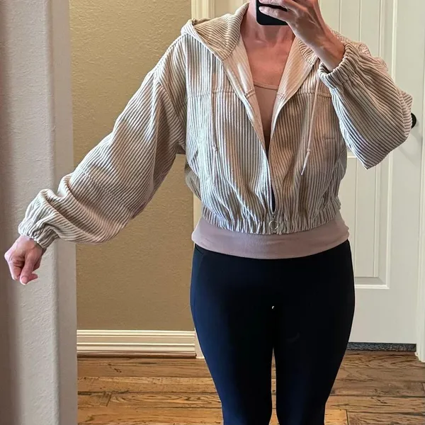 Altard State Cropped Corduroy Hooded Jacket Zipper Front Light Tan Beige Medium - Image 7