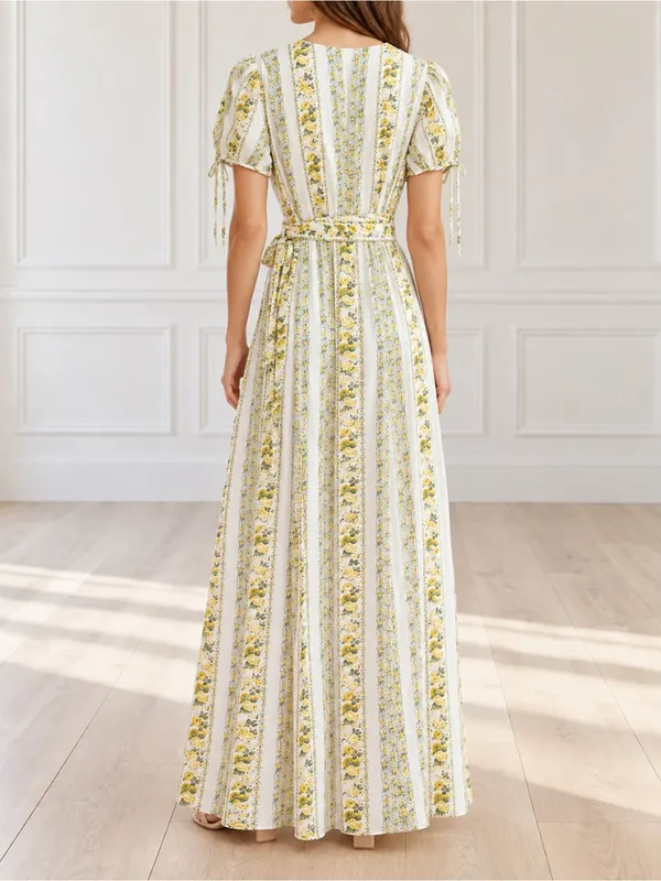 Gal Meets Glam Imogene Maxi Dress Sz 4 Yellow Floral Stripe Wrap Puff Sleeve GMG - Image 4
