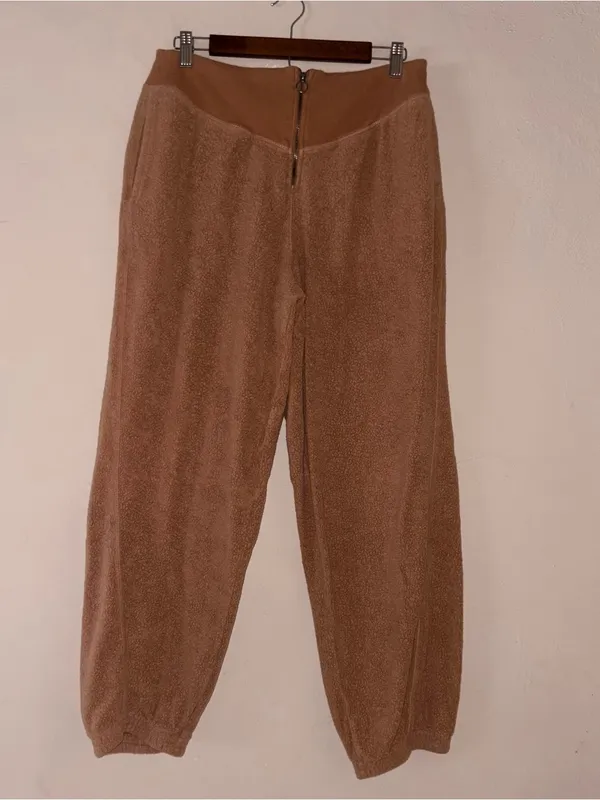 Aerie Tan Sherpa Fleece Joggers with Front Zip Detail Size Large - Image 2