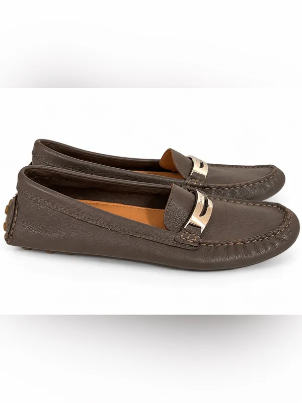 Coach Brown Leather Slip-On Driving Loafers with Silver Hardware Studded Sole - Image 3