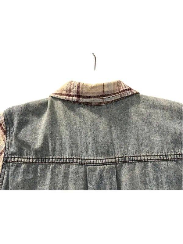 Free People Road Trip Getaway Plaid Flannel Denim Button Up Shirt Size Medium - Image 9