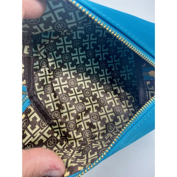 Tory Burch Cosmetic Bag Wristlet Women OS Blue Gold Logo Nylon Pouch - Image 6