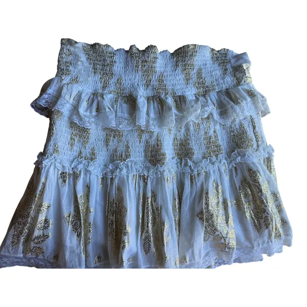 Cotton Mini Skirt Boho White Gold Lurex Smocked Romantic Size L Chloe Laetitia - Image 12