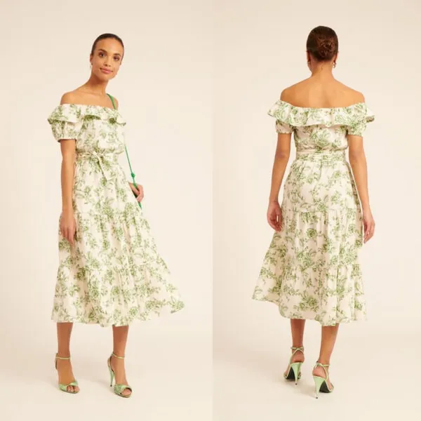 Rachel Parcell Off Shoulder Ruffle Tiered Floral Midi Dress Size 4 Sage‎ Toile - Image 4