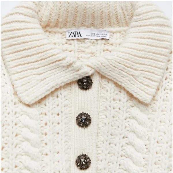 Zara Chunk Knitted Cream Crop Sweater S - Image 3