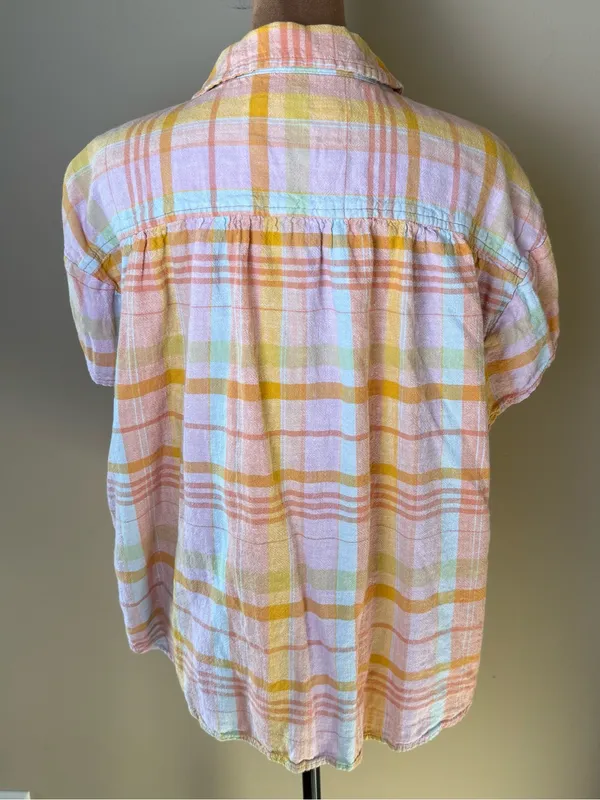 American Eagle Linen Blend Button Down Shirt Womens Small Orange Pink Plaid Boxy - Image 3