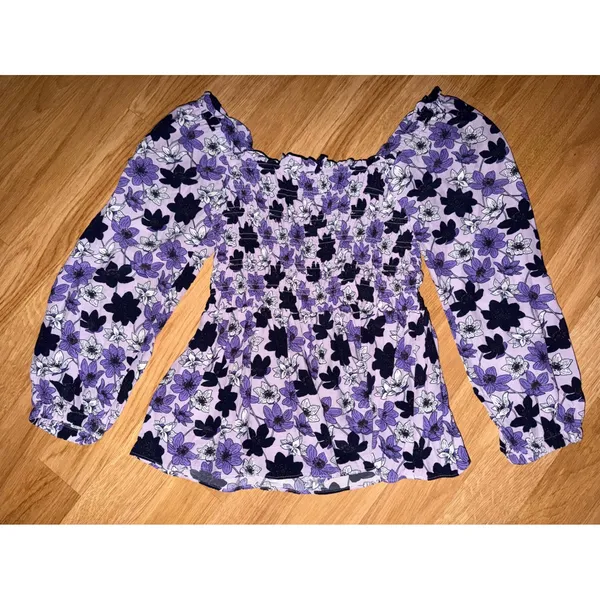 Vineyard Vines Womens Purple Floral Smocked Peplum Top Long Sleeve Size M - Image 3