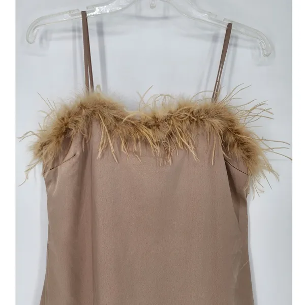 Charmed Hearts Tan Feather Trim Slip Dress Beige Women’s Size: M - Image 3
