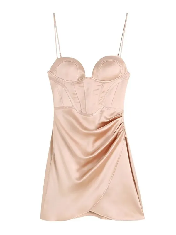 ZARA Beige Rose Corset Satin Effect Drapped Party Coctail Bridal Bohemian Mini Dress - Image 6