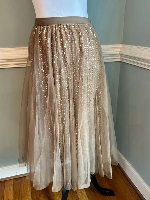 Sequined Tulle Midi Skirt in Light Brown - Image 3