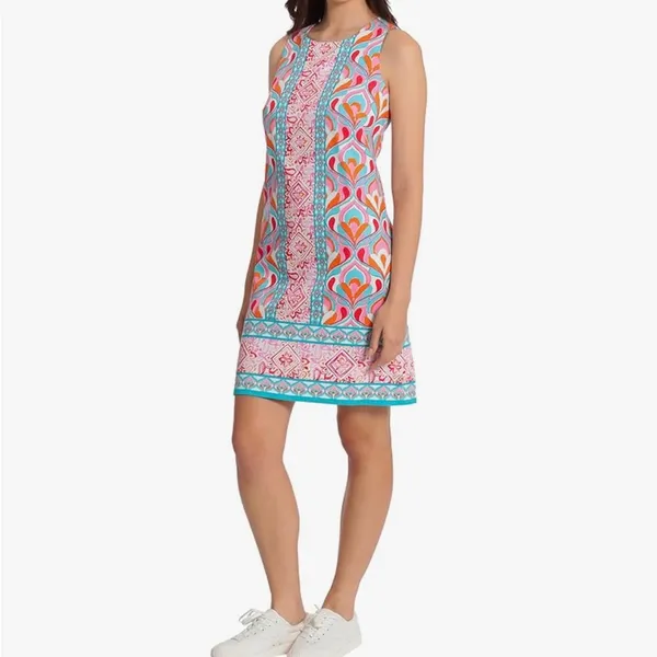 London Times Women's Cotton Sateen Preppy Bright Happy Vacation Shift Dress - Image 2