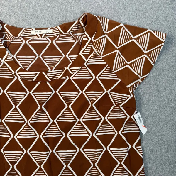 Old Navy Women's Large Brown White Geometric Pattern Short Sleeve Blouse Top - Image 3