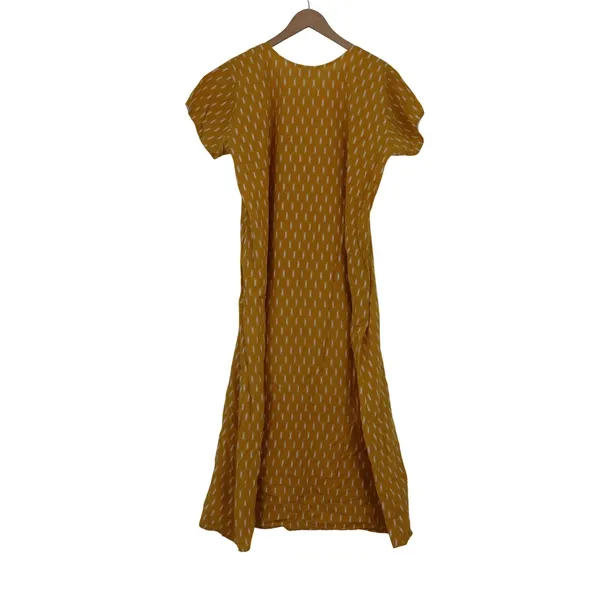 Shafali Mustard Yellow Ikat Print Maxi Dress XL Short Sleeve Zipper Front Kaftan - Image 4