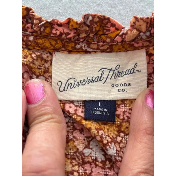 Universal Thread Floral Blouse L Excellent Ruffle Neck Long Sleeve Rust Multi - Image 7