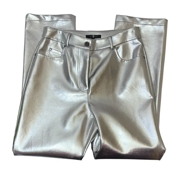 7 For All Mankind Silver Metallic Coated Straight‎ Leg Pants Size Medium NWT - Image 10