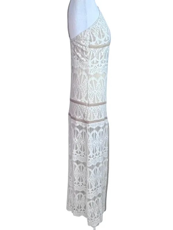 Ecru Split Front Lace Maxi Dress M Cage Spaghetti Straps Prom Beach Wedding - Image 9