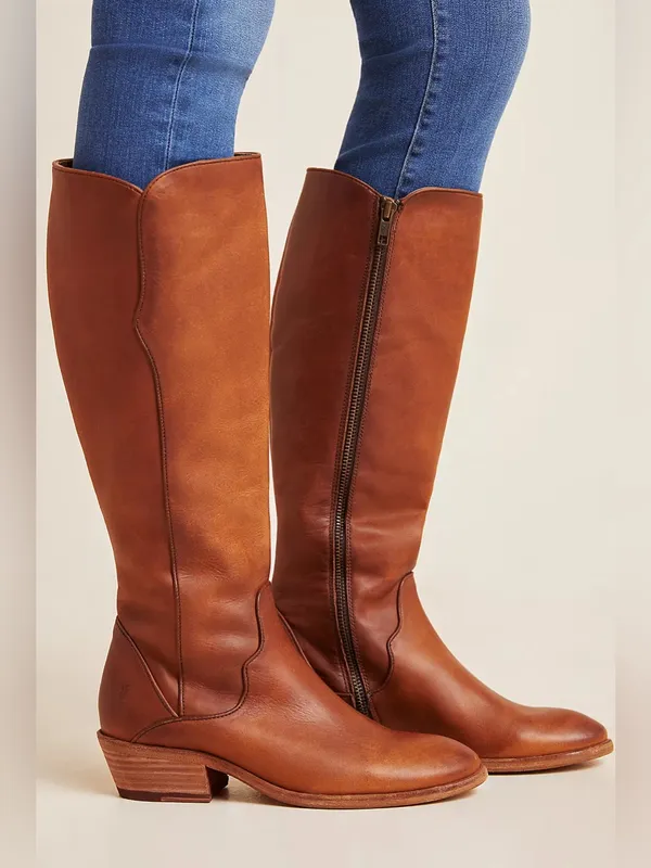Frye Carson Piping BrownLeather Tall Knee High, Extended Calf. Size 8 - Image 2