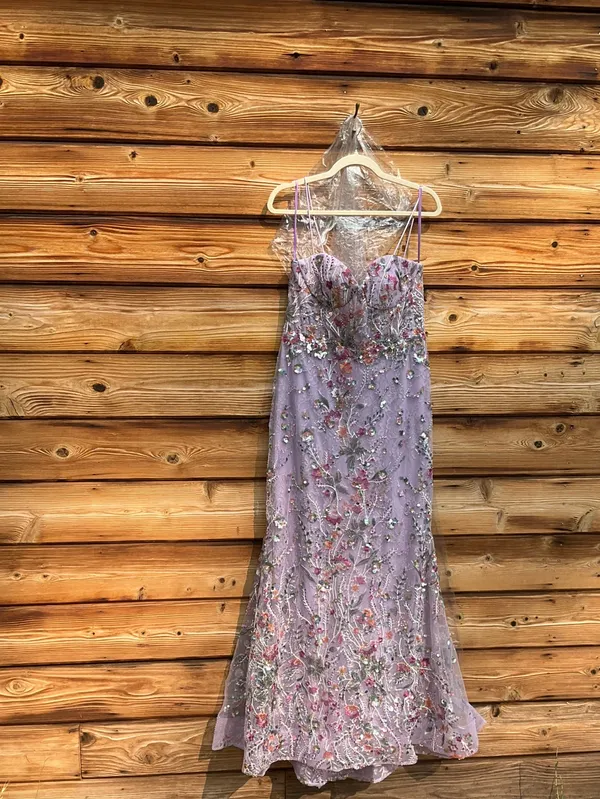 NWOT MAC DUGGAL 69049 Purple Spaghetti Strap Floral Embroidered Trumpet Gown - Image 6
