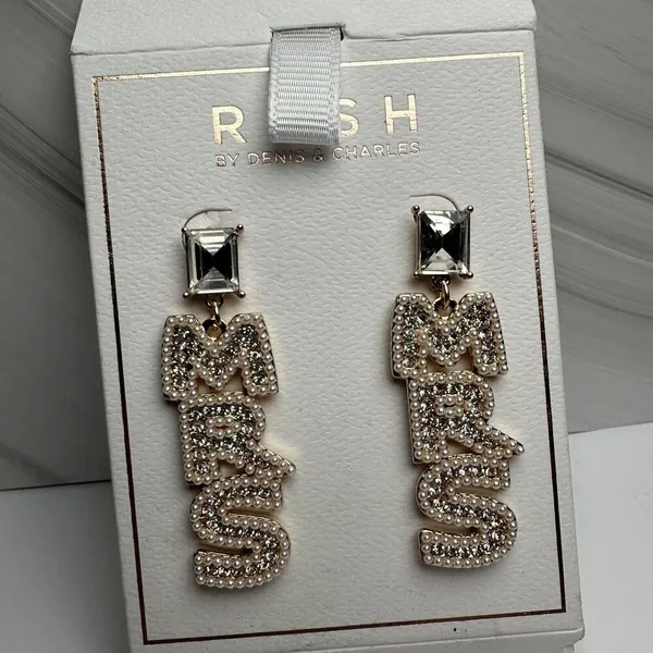 Rush Denis & Charles Rhinestone Faux Pearl MRS For Bride Pierced Dangle Earrings - Image 2