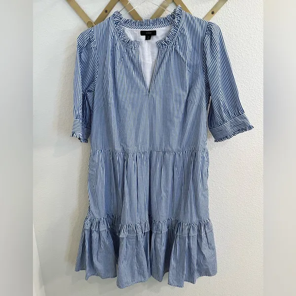 J.Crew Ruffleneck Tiered Popover Dress in Stripe Blue White Small - Image 5