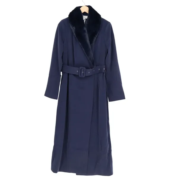 Naked Wardrobe The Statement Trench Coat Womens Small Navy Fur Trim Belted Lined - Image 2