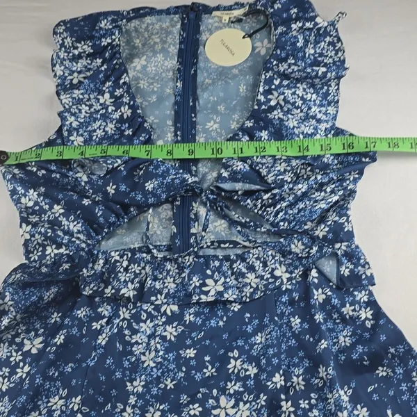 TULAROSA NWT Tanya Satin Blue Floral Cut-Out Ruffle Dress with Tie‎ front Medium - Image 12