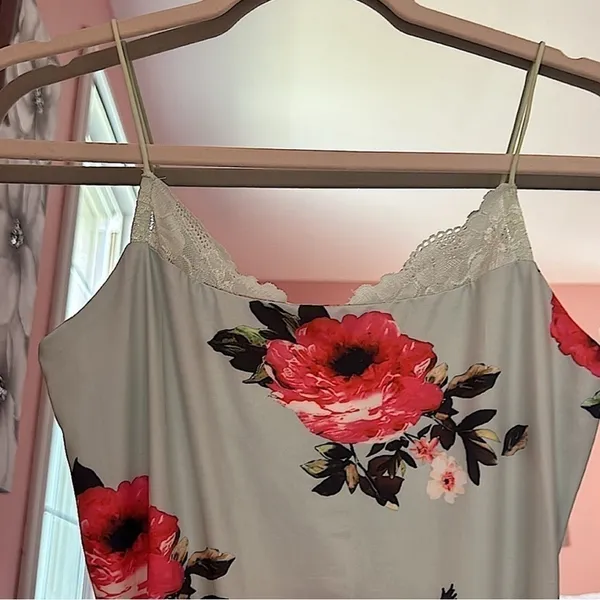 Sexy Mint Green Floral Bodycon small Midi Dress Lace Trim Cami Spaghetti Strap - Image 9