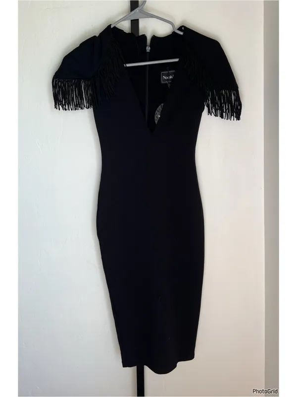 Nookie Mendez Midi Black Tassel Cap Sleeve Dress XS NEW - Image 2