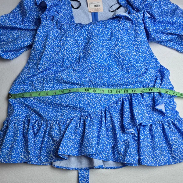 Missguided NWT Blue Floral Ruffle Faux Wrap‎ Mini Dress Puff Sleeve Womens 6 - Image 10