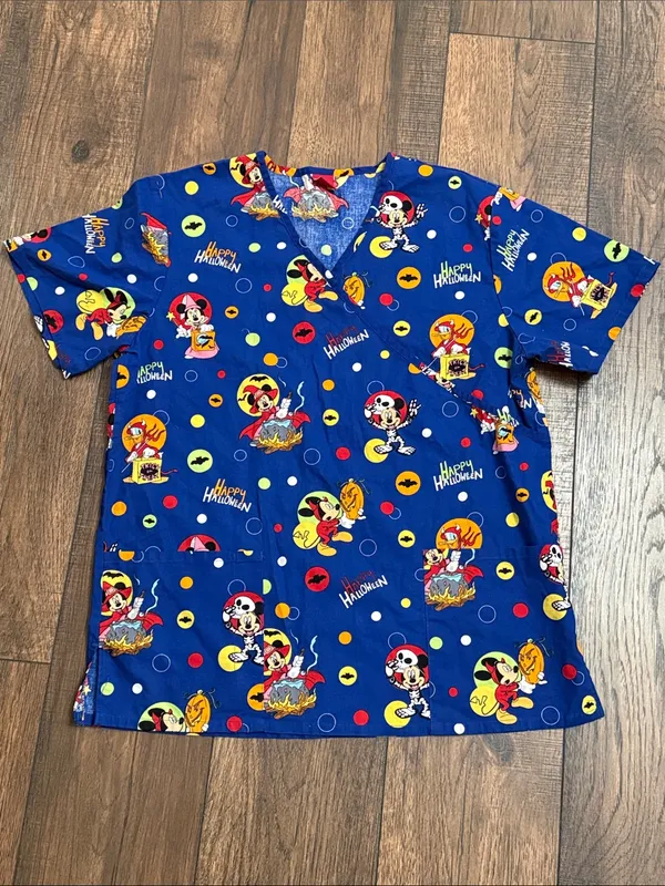 Disney Women’s Happy Halloween Blue Printed V-Neck Scrub Top - Image 2