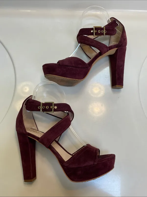 Vince Camuto Women’s Shayla Suede Leather Burgundy Crossover Straps Heels - Image 5