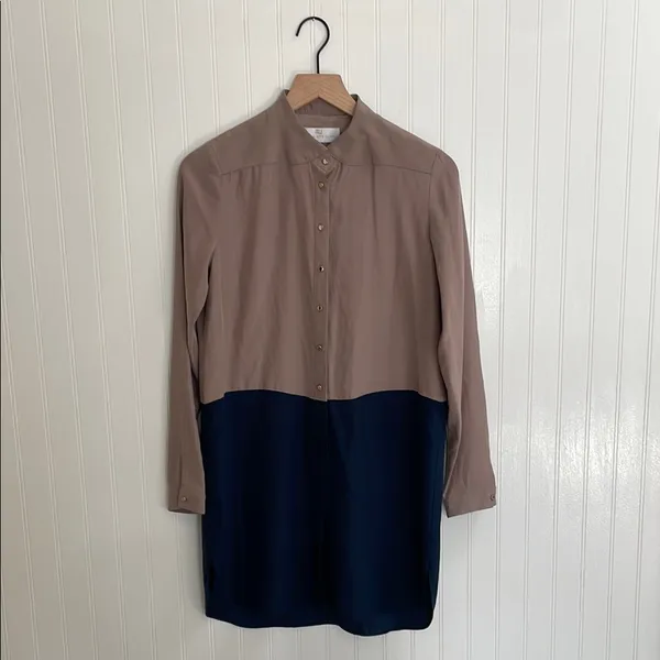 AMANDA UPRICHARD Colorblock Shirt Dress Long Sleeve in Tan/Navy Size S *Flawed - Image 3