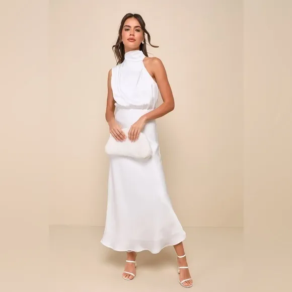 NEW LULUS Distinctive Charm White Satin Asymmetrical Midi Dress SZ XS - Image 6