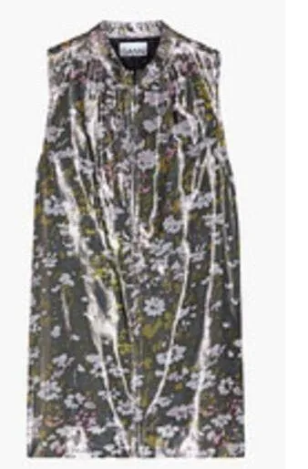 Ganni Floral print silk blend Metallic top Olive Green size 6 - Image 2