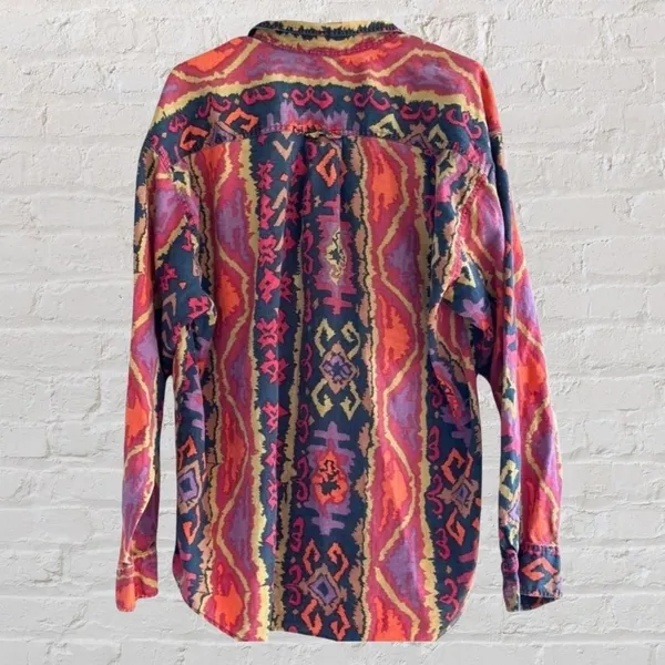 Vintage 80’s Fenn Wright & Mansons Aztec Retro Linen Button Up‎ Shirt Size 2 - Image 2