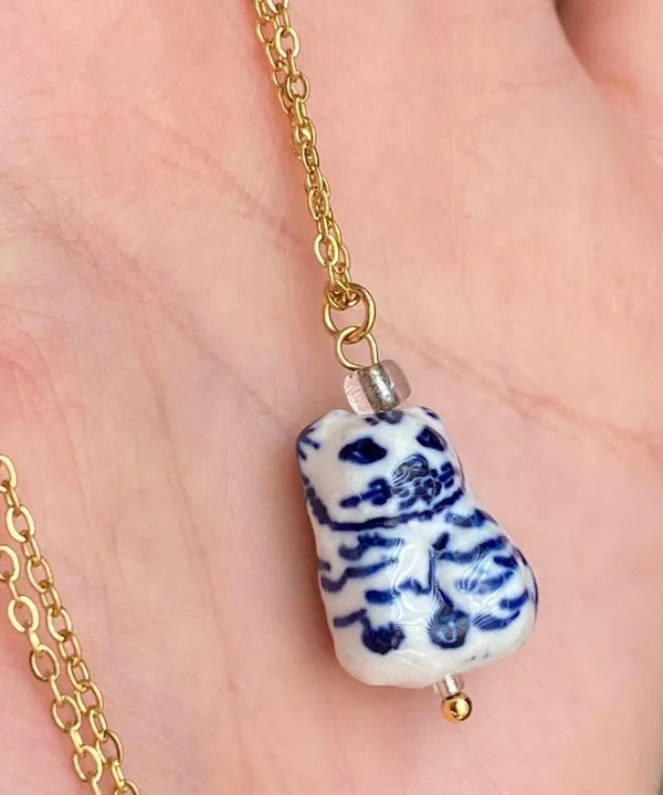 ceramic cute cat boho retro vintage style necklace🐈🩵 - Image 5