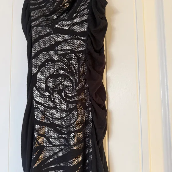 Y2K Inspired Black Ruched Bodycon Mini Dress – Sheer Mesh Metallic Rose Detail (Size S) - Image 5