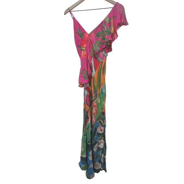 Farm Rio Midi Dress Sm Tropical Ruffle Asymmetric Boho Botanical Anthropologie - Image 4