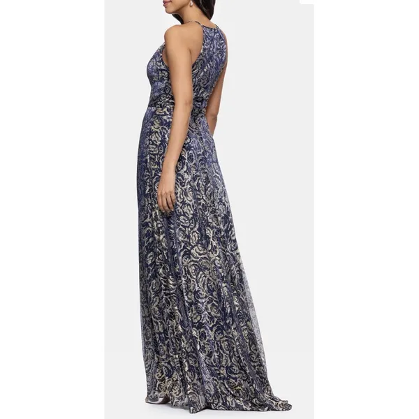 Betsy‎ And Adam Metallic Floral Jacquard Dress Size 2 Slit Halter - Image 3