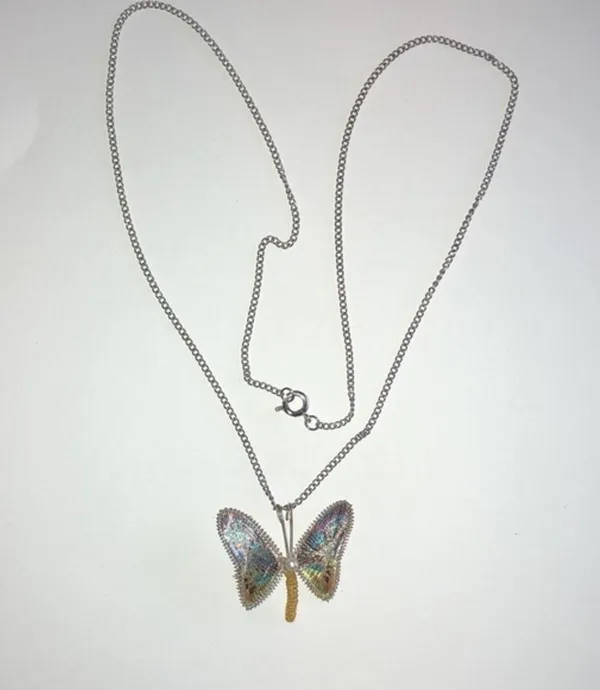 Colorful Boho Butterfly & Faux Pearl Silver Tone Pendant Necklace - Image 4