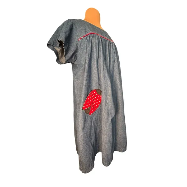 Vintage Ladybug Polka Dot Chambray Denim Dress Midi Cottagecore Medium Whimsical - Image 5