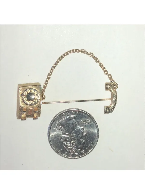 Avon Vintage Gold Tone Telephone Pin Brooch with Chain - Image 2